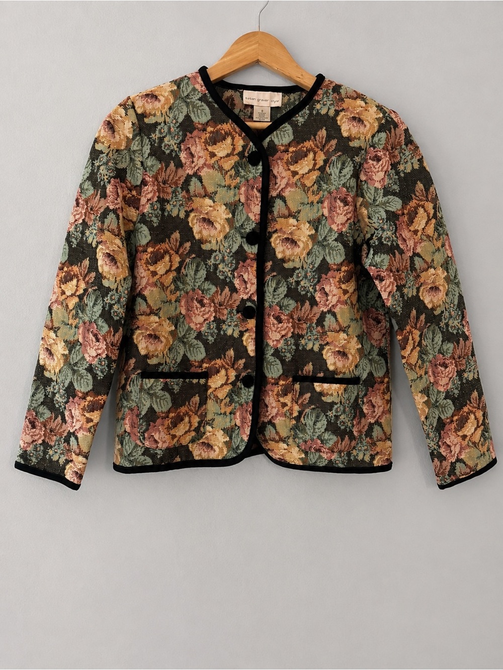 Susan Graver Floral Tapestry Jacket S Gold Metallic Velvet Black Trim Vintage